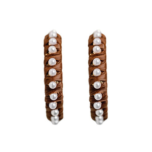 Dark Brown Studded Pearl Raffia Statement Earrings