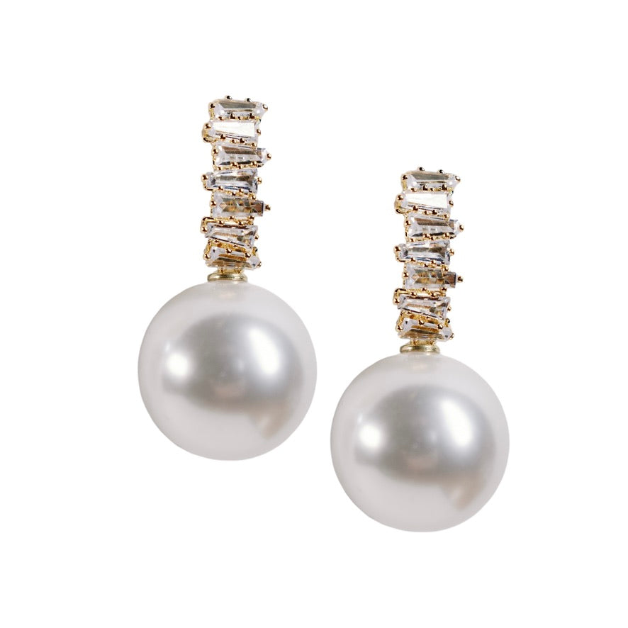 Crystal Baguette Pearl Drop Holiday Statement Earrings