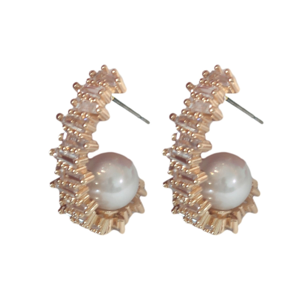 White Crystal and Pearl Hoop Holiday Statement Earrings