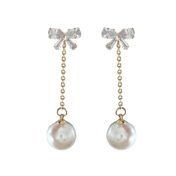 Crystal Bow and Pearl Drop Swingy Statement Earrings