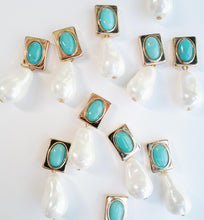Vintage Square Turquoise and Natural Pearl Drop Earrings