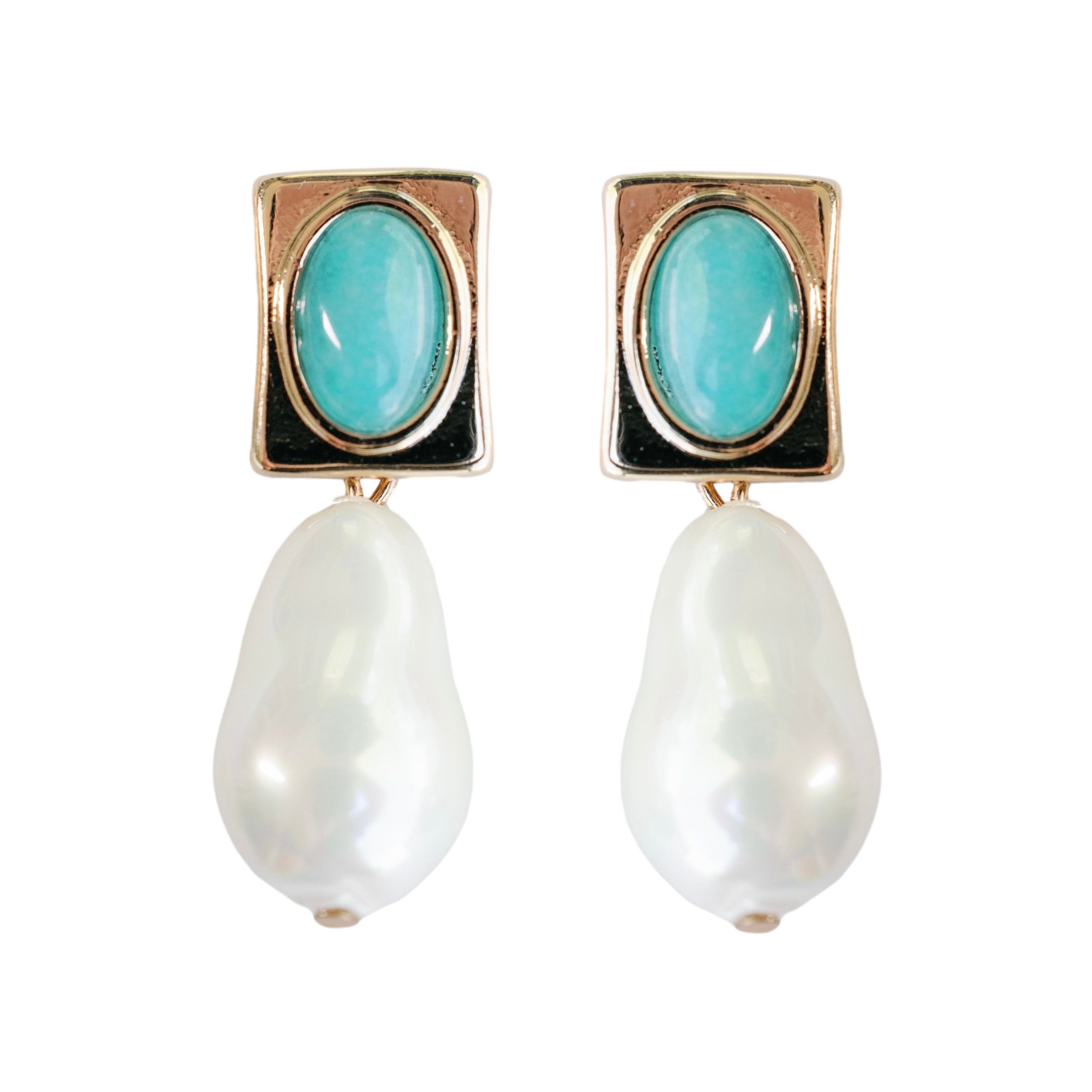 Vintage Square Turquoise and Natural Pearl Drop Earrings