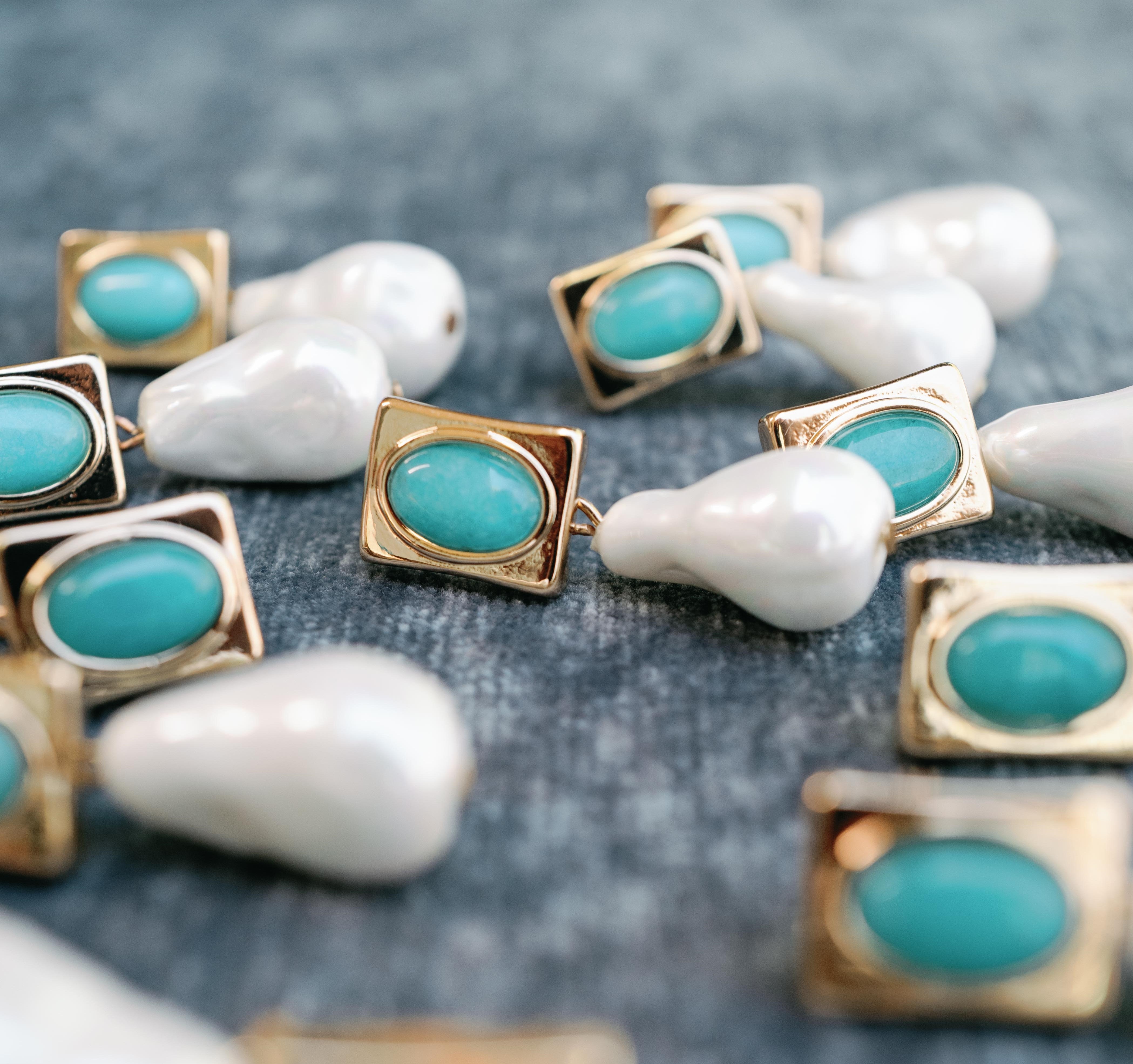 Vintage Square Turquoise and Natural Pearl Drop Earrings