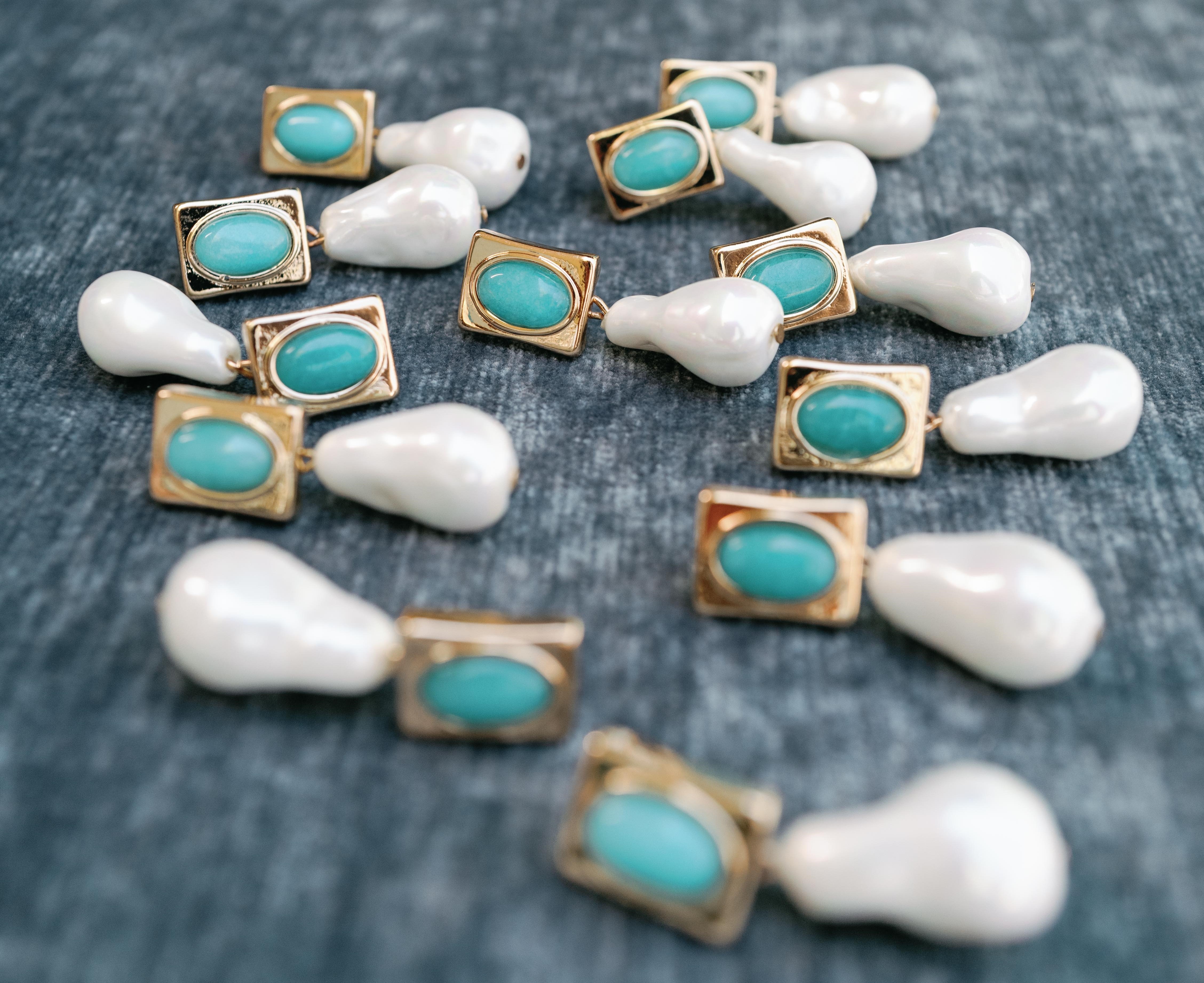 Vintage Square Turquoise and Natural Pearl Drop Earrings