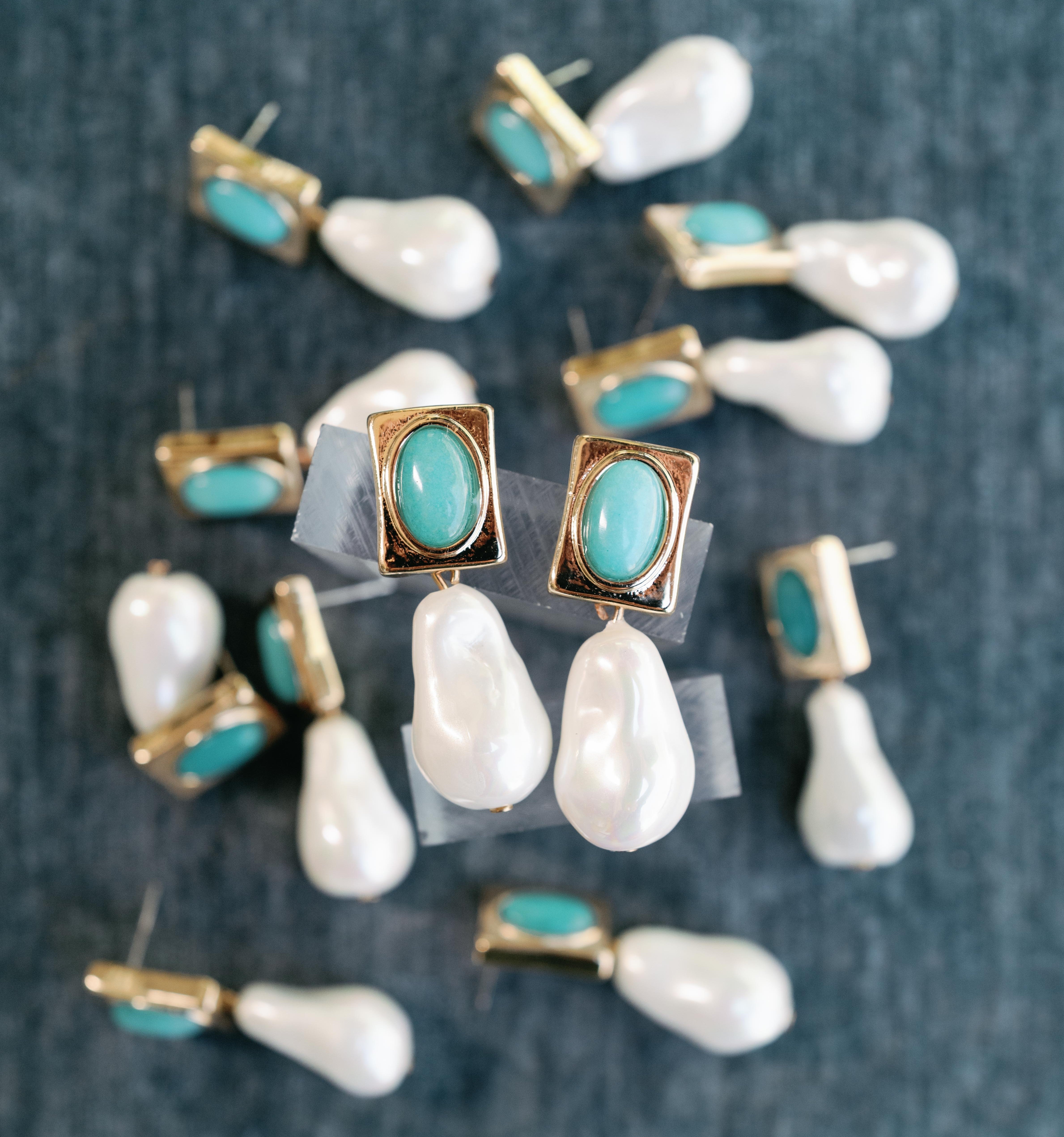Vintage Square Turquoise and Natural Pearl Drop Earrings
