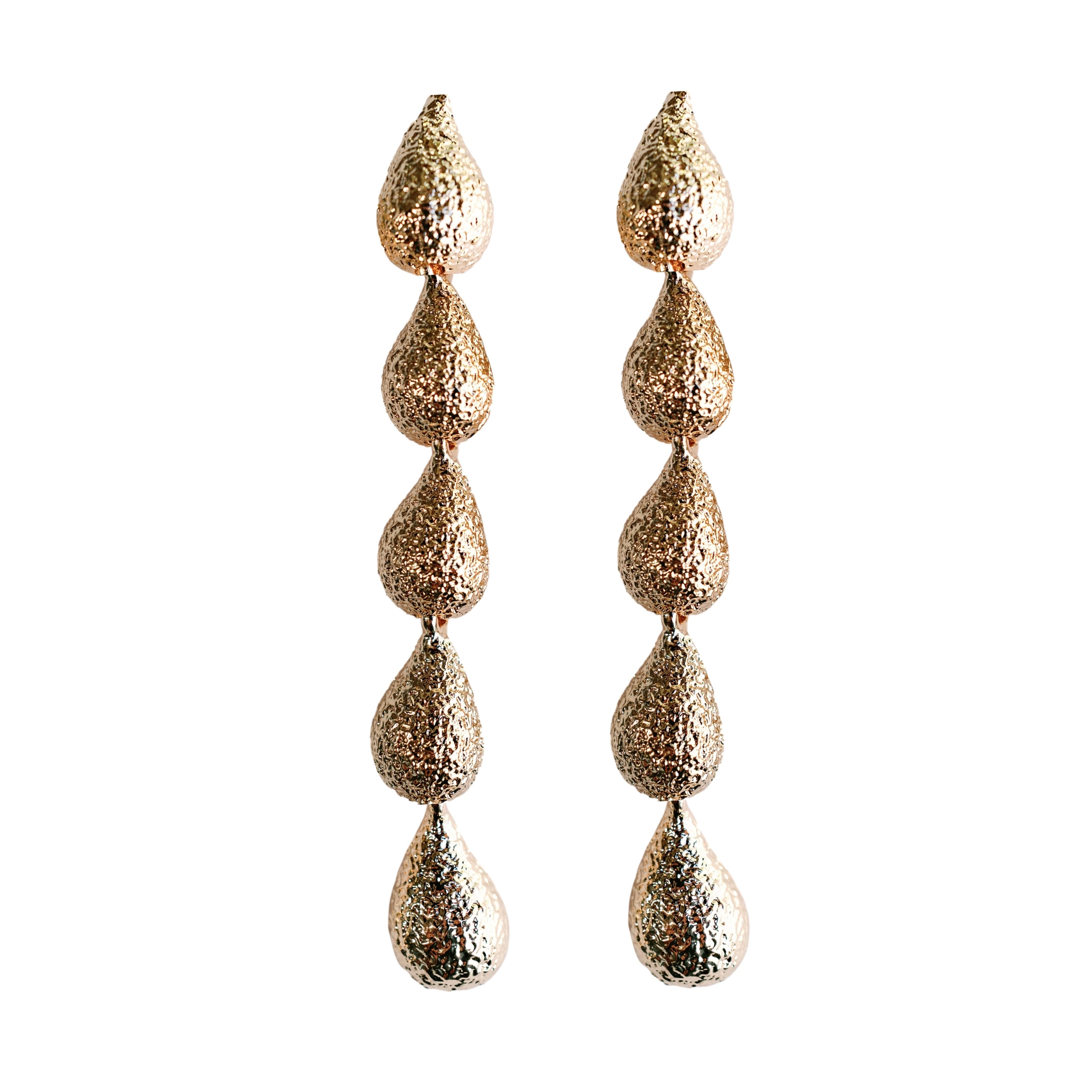Swingy Textured Gold Teardrop Cascade Statement Earrings