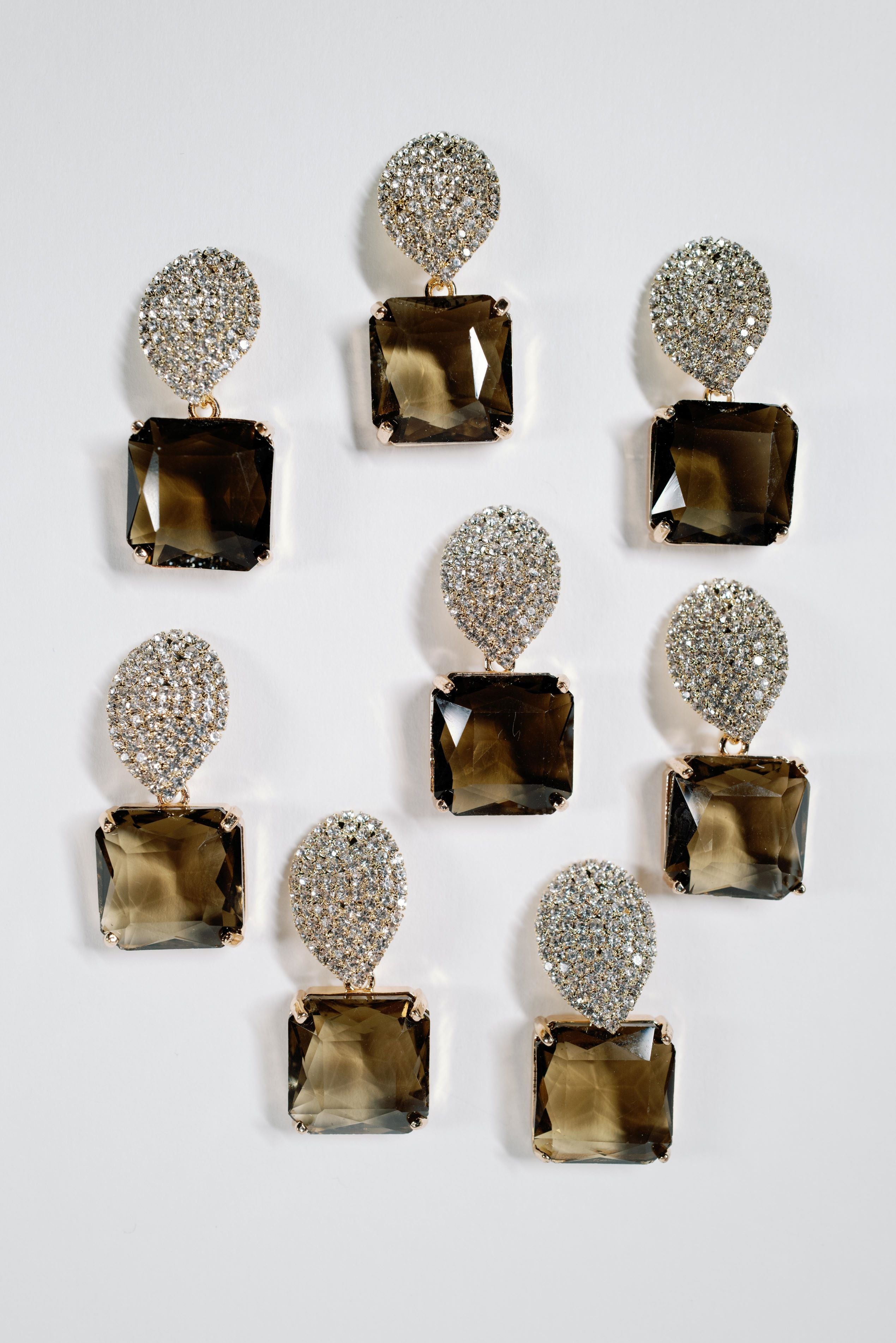 Smokey Brown Quartz Retro Pavé Crystal Gum Drop Statement Earrings