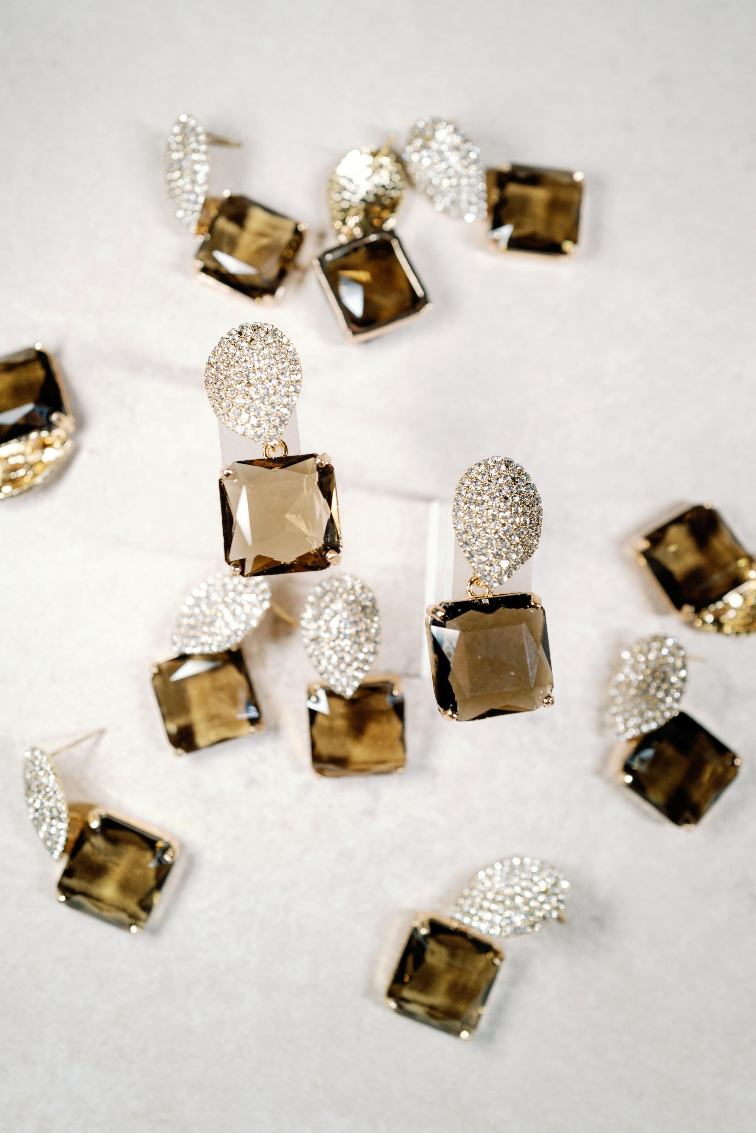 Smokey Brown Quartz Retro Pavé Crystal Gum Drop Statement Earrings