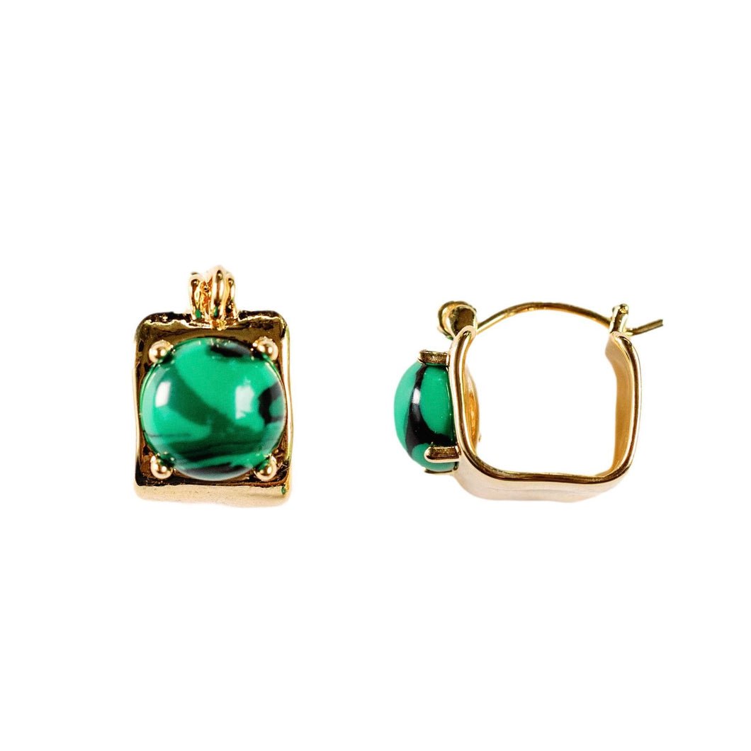 Vintage Mini Square Gold and Green Malachite Huggie Hoop Earrings