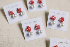 Pearl and Red Coral Mini Statement Earrings