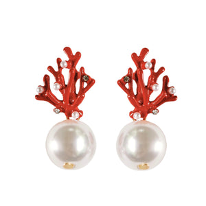 Pearl and Red Coral Mini Statement Earrings
