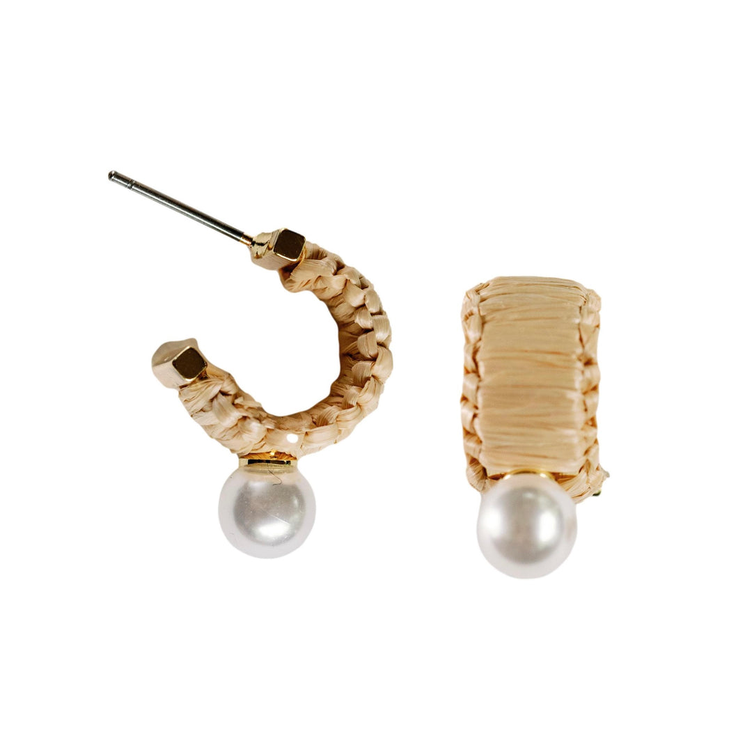 Mini Natural Raffia and Pearl Huggie Hoop Earring