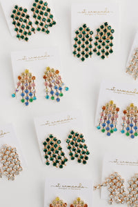 Green Rhinestone Tassel Statement Earrings
