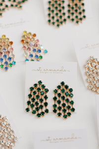 Green Rhinestone Tassel Statement Earrings