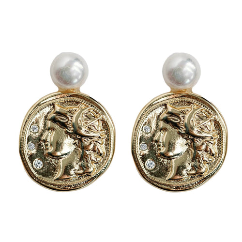 Genuine Pearl and Gold Coin Statement Earrings