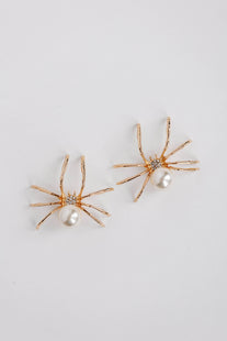 Gold Spooky Spider and Pearl Halloween Statement Earrings