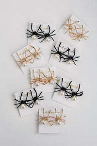 Gold Spooky Spider and Pearl Halloween Statement Earrings
