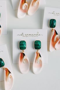 Pink Shell and Green Malachite Statement Earrings