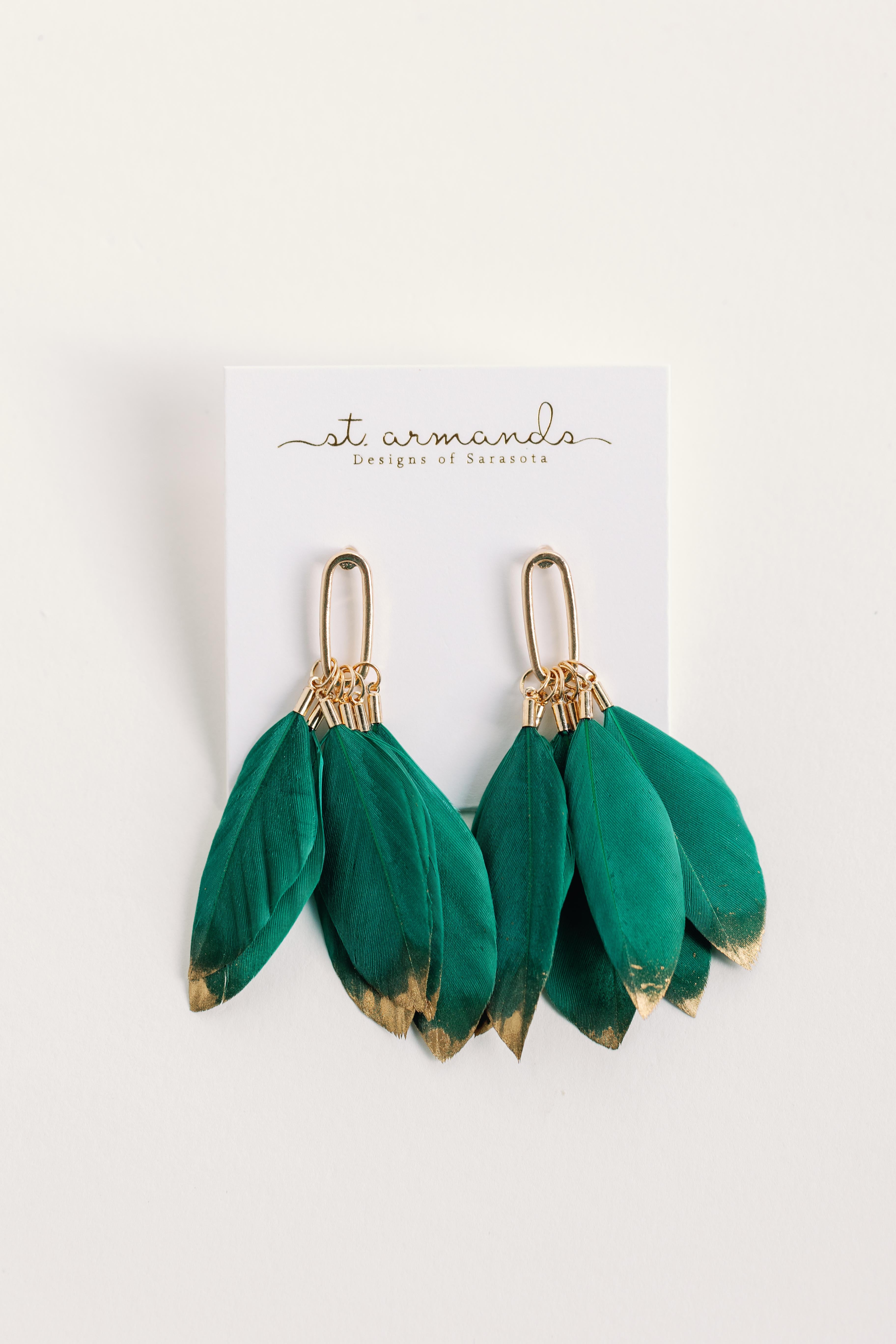 Emerald Gold Dipped Feather Tassel Statement Earrings