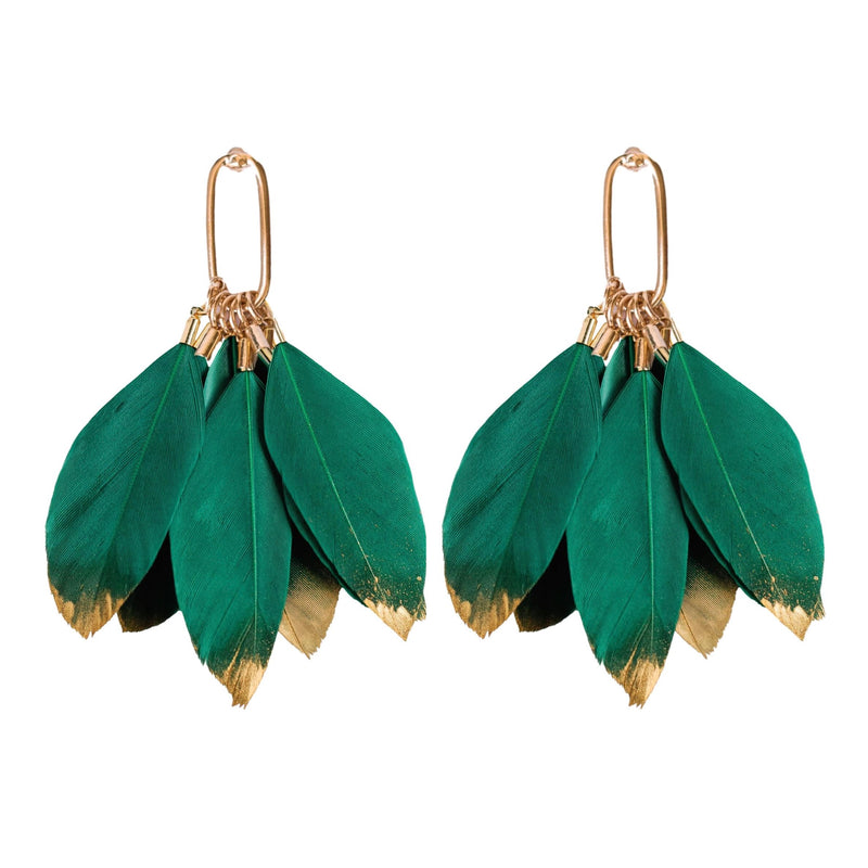 Emerald Gold Dipped Feather Tassel Statement Earrings – St
