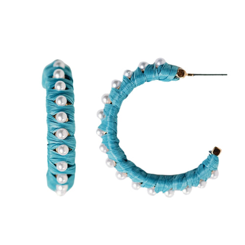 Cornflower Blue Studded Pearl Raffia Statement Hoop Earrings