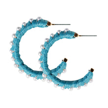 Cornflower Blue Studded Pearl Raffia Statement Hoop Earrings