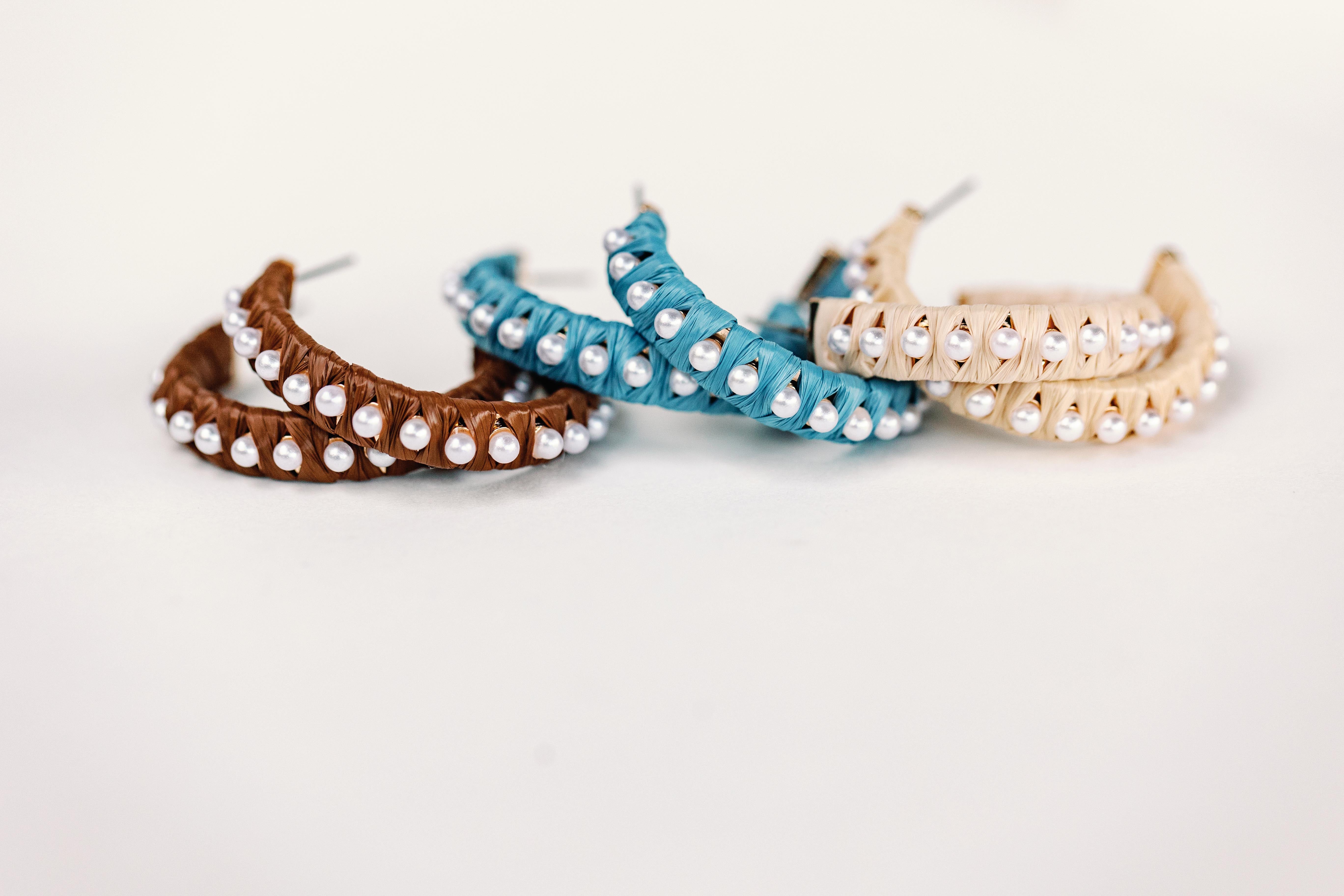 Pearl Studded Raffia Statement Hoop Earrings, Dark Brown