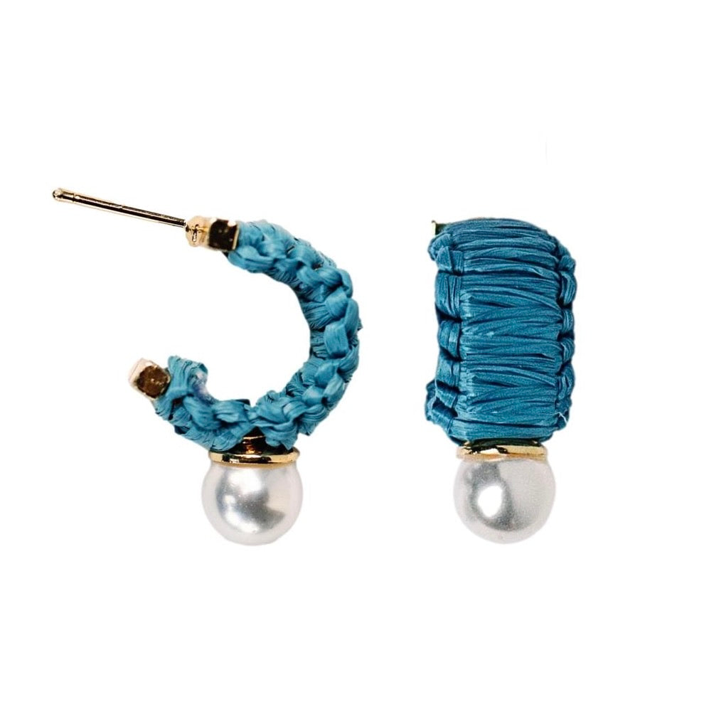 Mini Cornflower Blue Raffia and Pearl Huggie Hoop Earrings