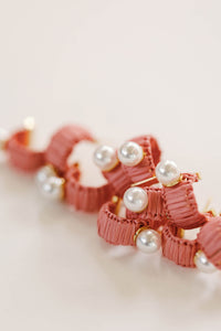 Mini Pink Raffia and Pearl Huggie Hoop Earrings