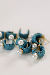 Mini Cornflower Blue Raffia and Pearl Huggie Hoop Earrings