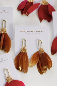 Caramel Gold Dipped Feathers Statement Earrings